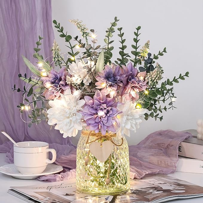 Fake Flowers in Vase with Lights, Faux Dahlia Flowers in Vase by MARTINEMALL
