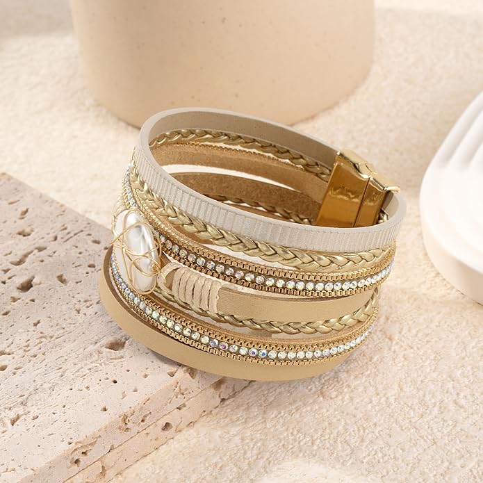 Wrapped Bracelets for Women,Leather Bracelet,Boho Bracelets for Women,Multi-Layer Pearl Crystal Bracelet Bangle Jewelry