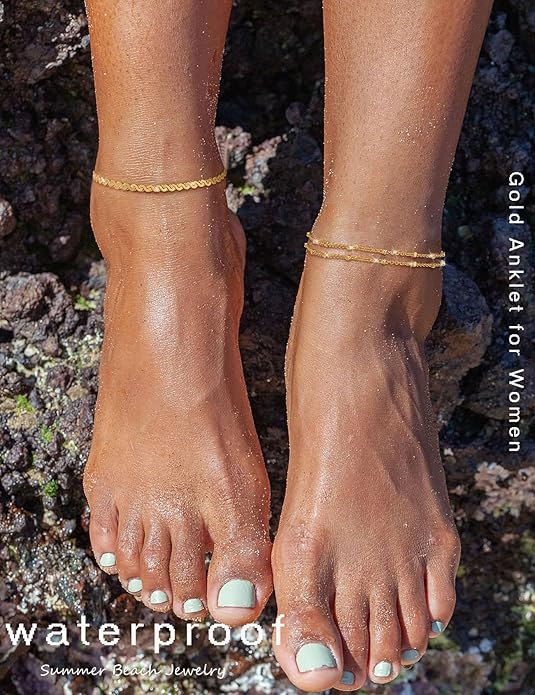 RLMOON Gold Anklets for Women CZ Ankle Bracelet 14K Gold/Silver Plated Waterproof Dainty Layered Tennis Heart Dot Chain Silver Anklets Trendy Foot Jewelry