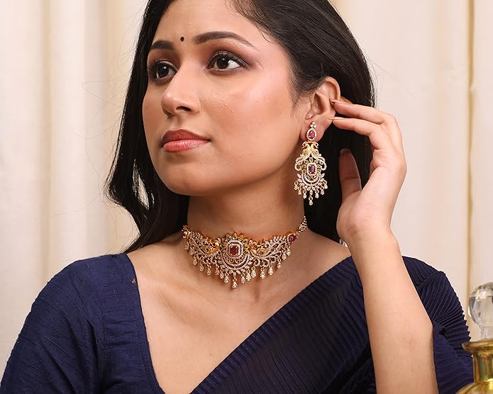 TARINIKA Brass Indian Choker Necklace Set - Gold Plated Cubic Zirconia Indian Jewelry Sets for Women Dangle, Drop, Jhumka Earrings Traditional Desi Necklace Pearls Gift for her
