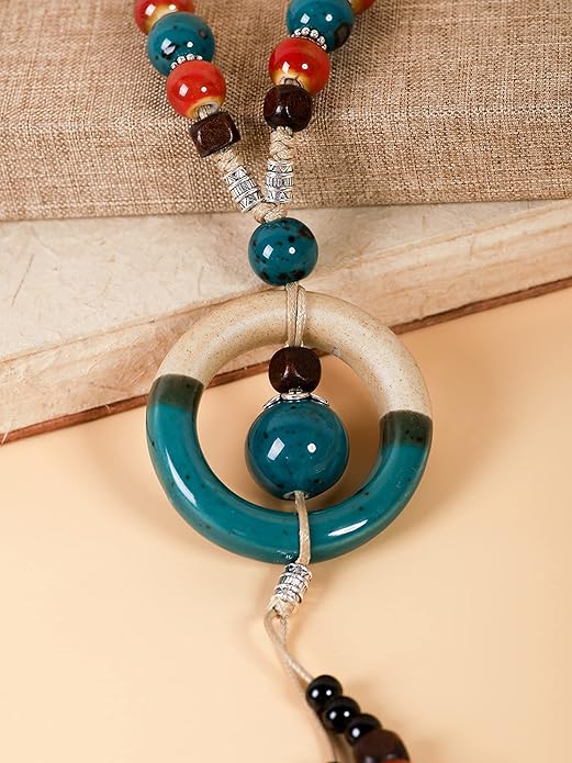 MINACHI Boho Hippie Colorful Ceramic Beads Strand O Ring Circle Charm Long Y Necklace, Vintage Bohemian Statement Jewelry Gift for Women