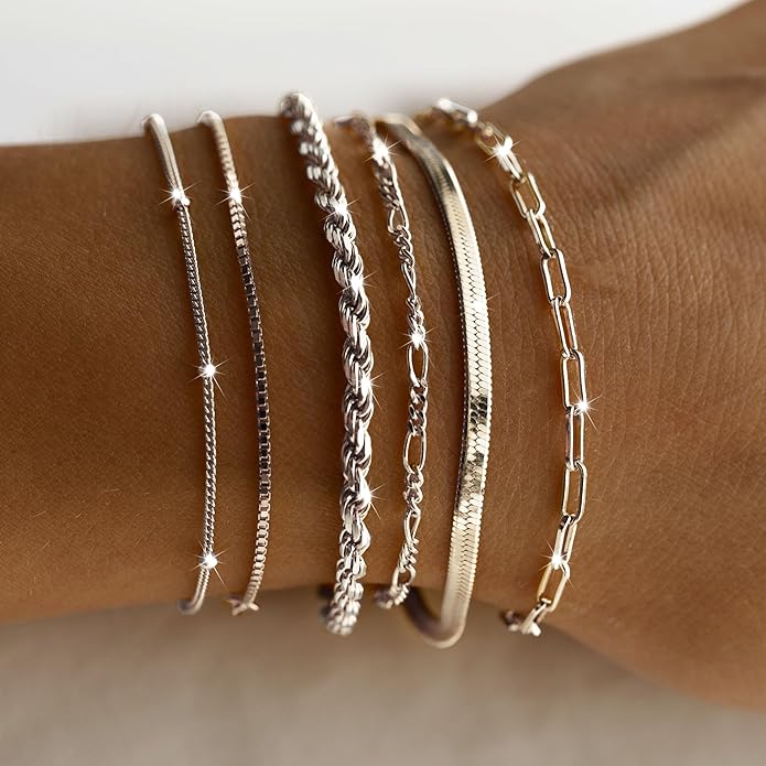 DEARMAY Dainty Silver Plated Bracelets for Women Trendy, Silver Jewelry Set for Women Bracelets for Women Paperclip Box Herringbone Figaro Rope Chain Bracelet Fashion Pack Gifts for Women