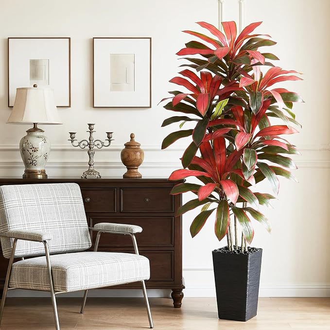 Artificial Dracaena Tree: 5FT Fake Plants Silk Faux Trees（Black Pot） | - Image 7
