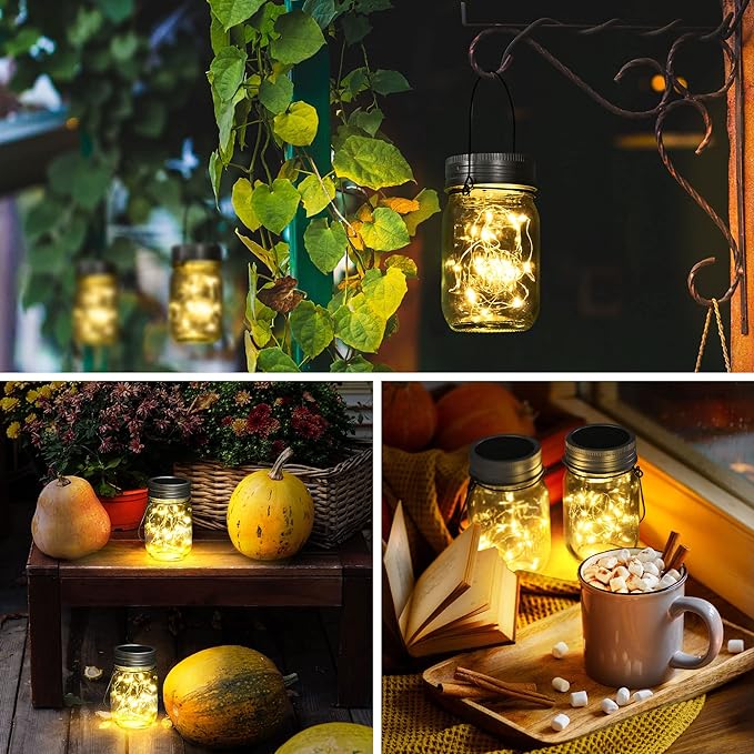 GIGALUMI Hanging Mason Jar Solar Lights, 6 Pack 30 Led Hanging Lantern | Solar - Image 3