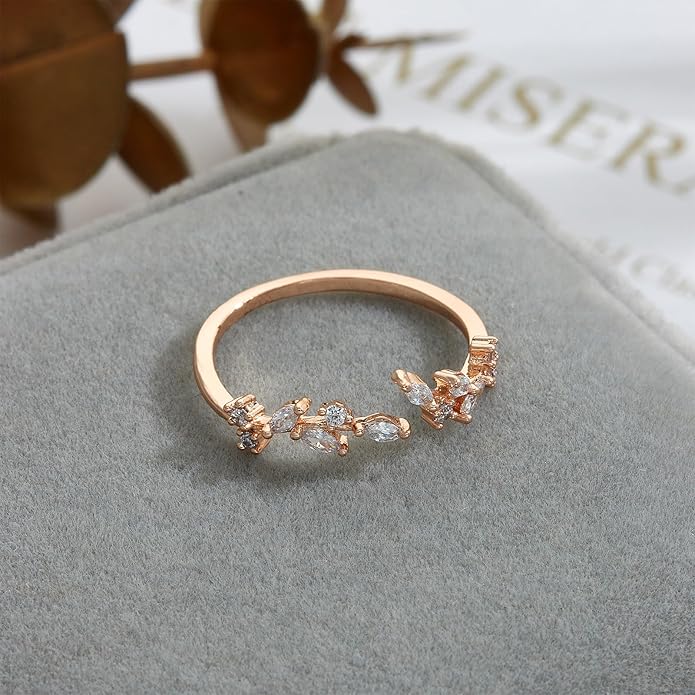 Gold Rings Non Tarnish Silver Adjustable Rings for Women Cubic Zirconia Leaf Ring Dainty Silver Stackable Ring for Women