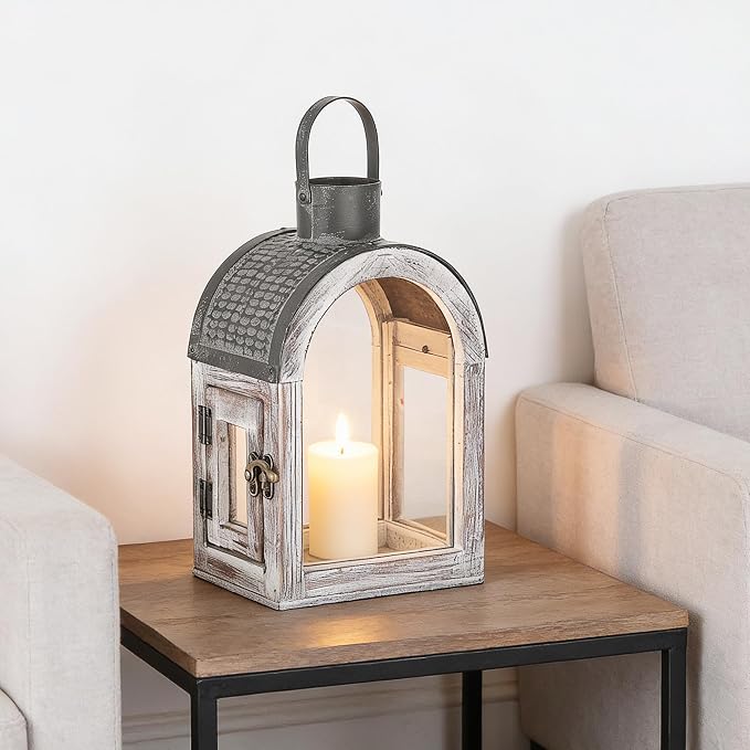 11" High Farmhouse Decorative Lanterns, Glass and Metal, Distressed White Wood - Image 3