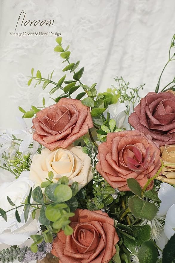 Artificial Flowers 25pcs Real Looking Burnt Orange Ombre Colors Foam Fake Roses - Image 2