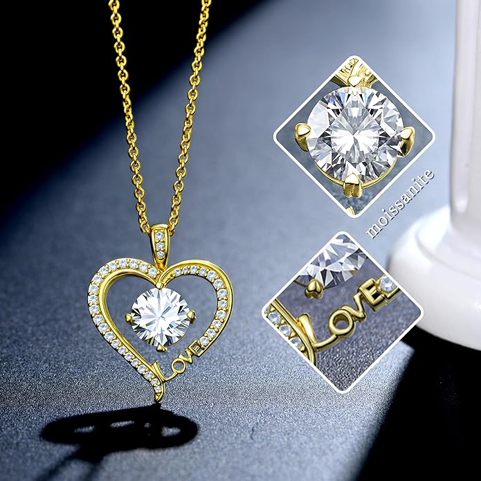 Moissanite Heart Necklaces for Women, 1-3 Carat Moissanite 925 Sterling Silver Love Jewelry, Valentines Day Birthday Wedding Anniversary Engagements Gifts for Women Wife Girlfriend Mom Her