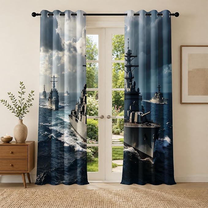 Naval Warships Blackout Curtains 63 inches Long 2 Panels | Ocean Battleship - Image 3