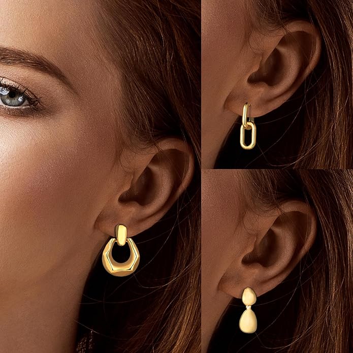 Wgoud 6 Pairs Gold Hoop Earrings Set for Women, 14K Gold Plated Hypoallergenic Lightweight Chunky Open Huggie Hoops Earrings Jewelry for Gifts.