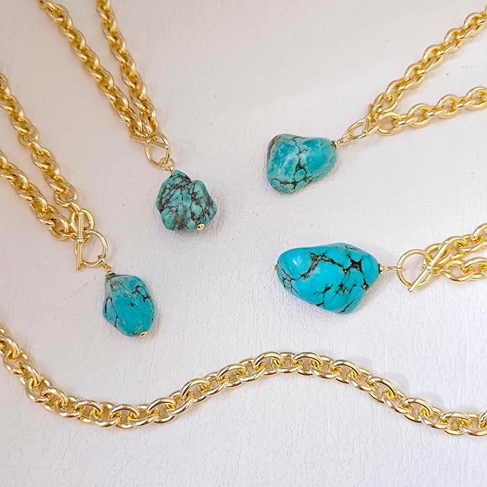 Zeffy 14K Gold/Silver Plated Chunky Thick Chain Toggle Clasp Necklace Dainty Baroque Pearl/Heart/Cross/Turquoise Pendant Necklace