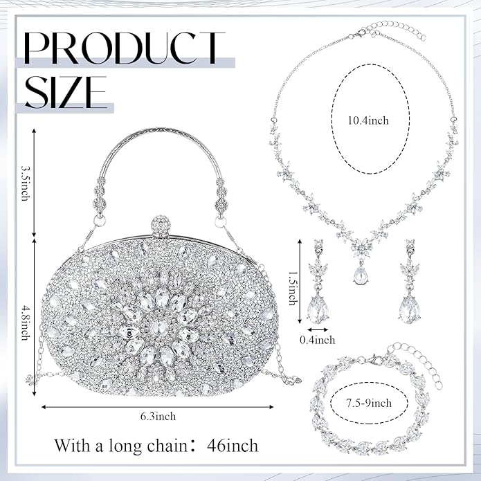 Quelay 4 Pcs Purse Rhinestone Jewelry Set Evening Clutch Bag Bling Crystal Necklace Dangle Earrings Bracelets Accessories