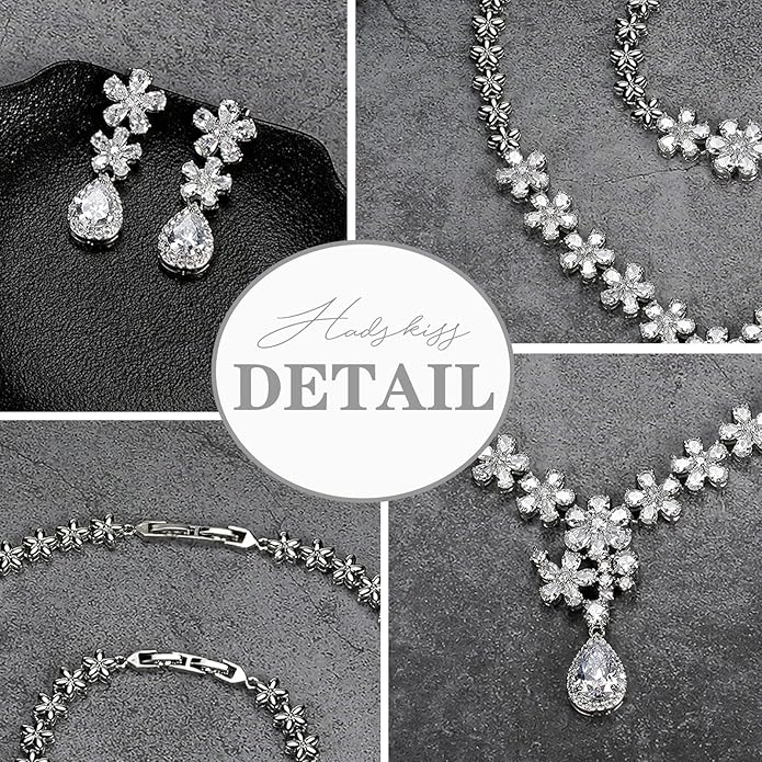 Hadskiss Jewelry Set for Women, Necklace Dangle Earrings Bracelet Set with White AAA Cubic Zirconia, Allergy Free Wedding Party Jewelry for Bridal Bridesmaid