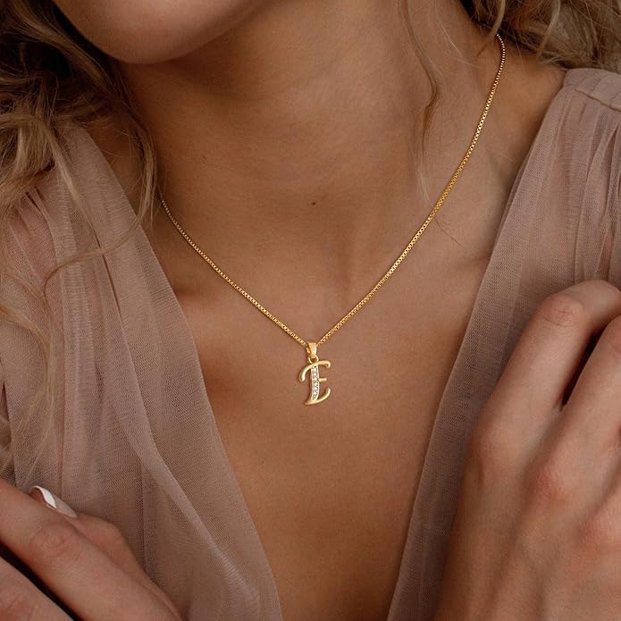 Initial Necklace for Women, 14K Gold Plated Box Chain Letter Pendant, Trendy Name Necklace, Dainty Personalized Jewelry Valentines Day Gift for Her
