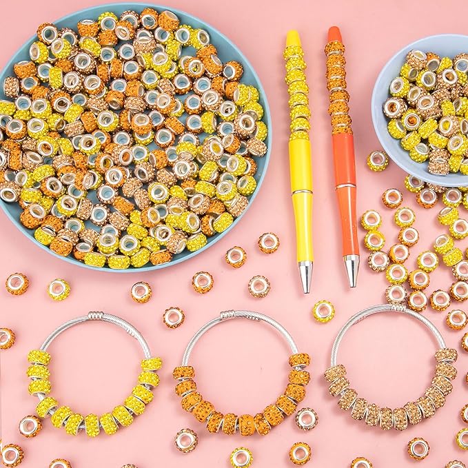 200 Pieces European Large Hole Spacer Beads, Zyehxed Yellow European Craft Beads Rhinestone Lampwork Beads Fairy Garden Beads for DIY Charms Bracelet Necklace Earring Jewelry Making Supplies