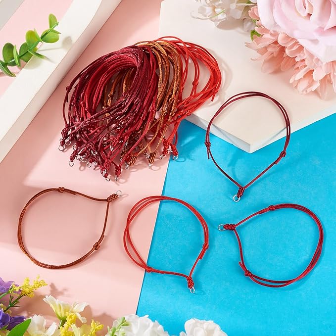 40Pcs Adjustable Braided Cord Colorful Waxed Thread Half Finished Bracelet with Jump Rings Knotting Bracelet Ropes for Wrist DIY Women Jewelry Friendship Bangle Decor 8.5-16cm Long-Red