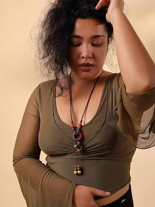 MINACHI Boho Hippie Colorful Ceramic Beads Strand O Ring Circle Charm Long Y Necklace, Vintage Bohemian Statement Jewelry Gift for Women