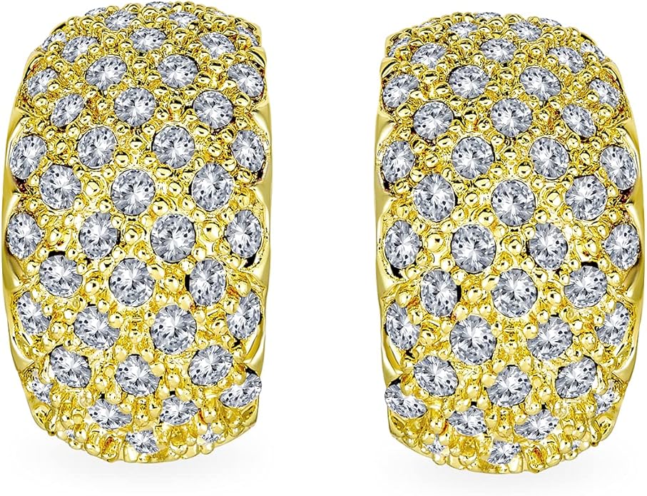 Fashion Bridal Wedding 3 Row Pave Crystal Dome Endless Hinged Huggie Hoop Clip On Earrings For Women Non Pierced Ears Yellow Gold Silver Plated