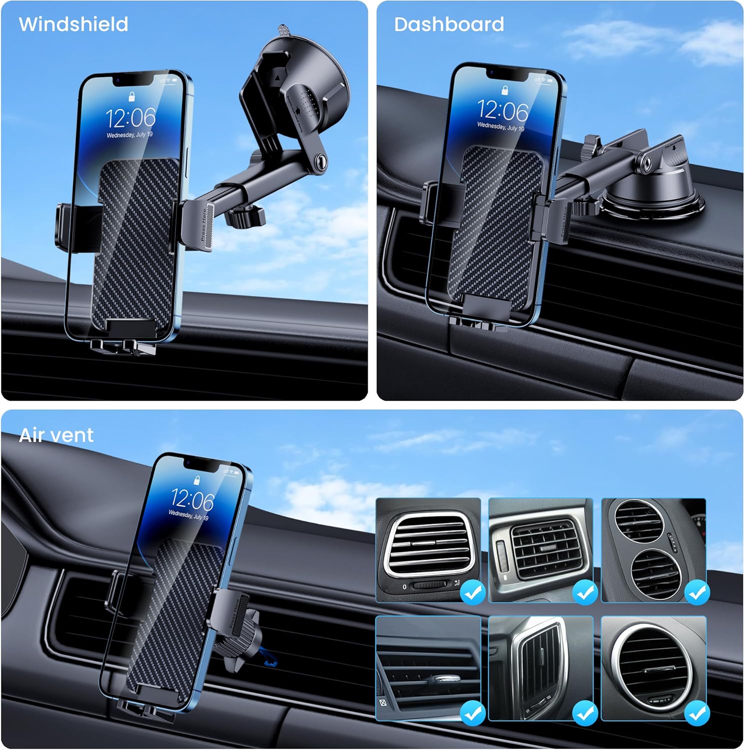 Phone Holder Car [Military Grade Suction Ultra Strong Base] Cell Phone Car Holder 3 in 1 Dashboard Windshield Air Vent Hands-Free for iPhone Android Phones