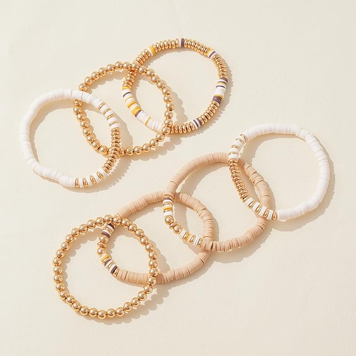 GOOJIDS Surfer Heishi Clay Bead Bracelets for Women Bohemian Stackable Gold Plated Beaded Stretch Bracelets Elastic Layering Friendship Bracelets Set Boho Jewelry