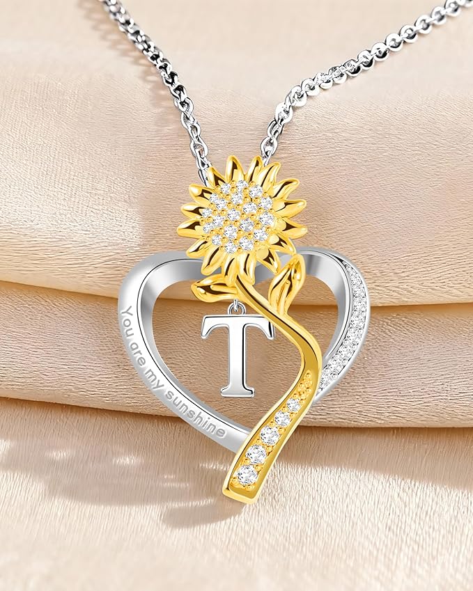 Birthday Gifts for Women Preserved Real Rose with Sunflower Initial Necklace - Birthday Gifts for Women Her Mom Wife on Valentines Mothers Day Christmas Anniversary Romantic with Pendant T
