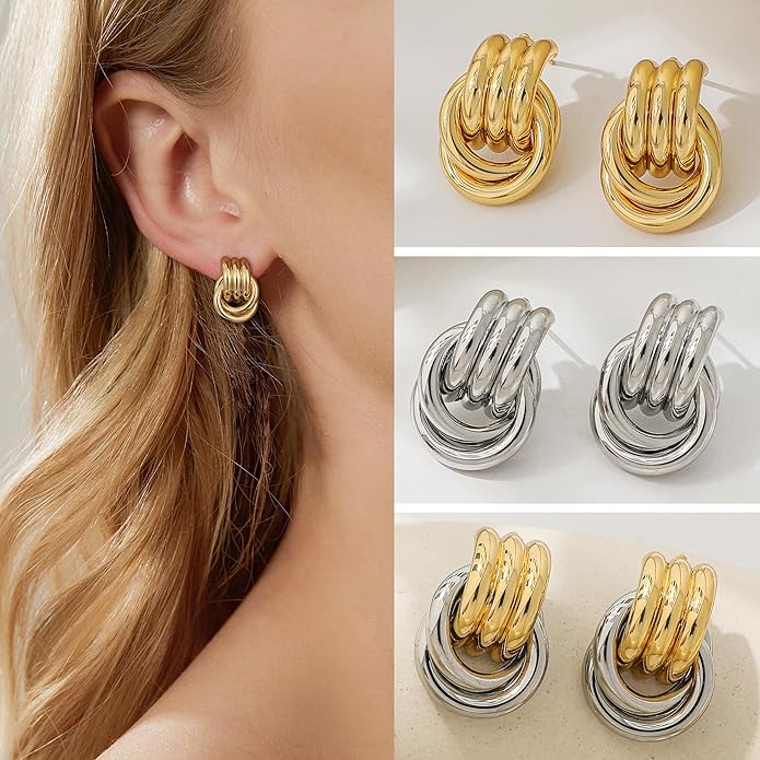 Trendy Gold Plated Knot Earrings for Women Chunky Statement Drop Dangle Earrings Lightweight Hypoallergenic Fashion Accessories Gold Jewelry Gifts for Womens