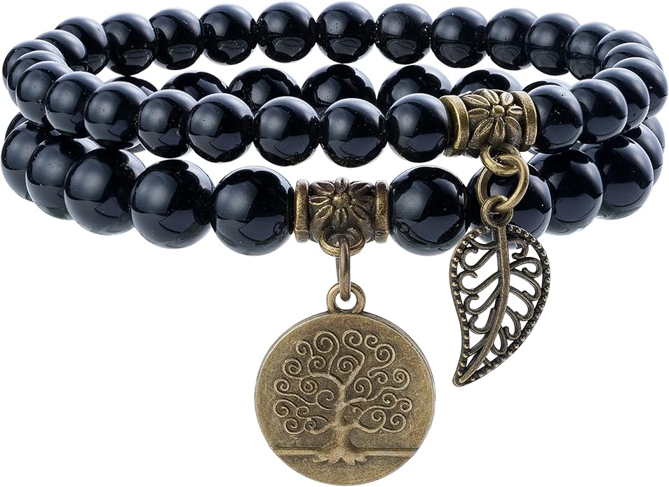Bivei Natural Semi Precious Gemstone beads bracelet for women - Life Tree and Leaf Charm Energy Reiki Crystal Stretch Bracelets