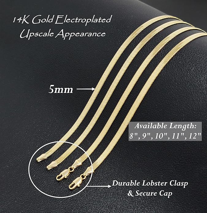 Gold Electroplated Anklet for Women, 9-12 Inch Sizes, Figaro, Cuban, Mariner, Herringbone Design - Made in Korea