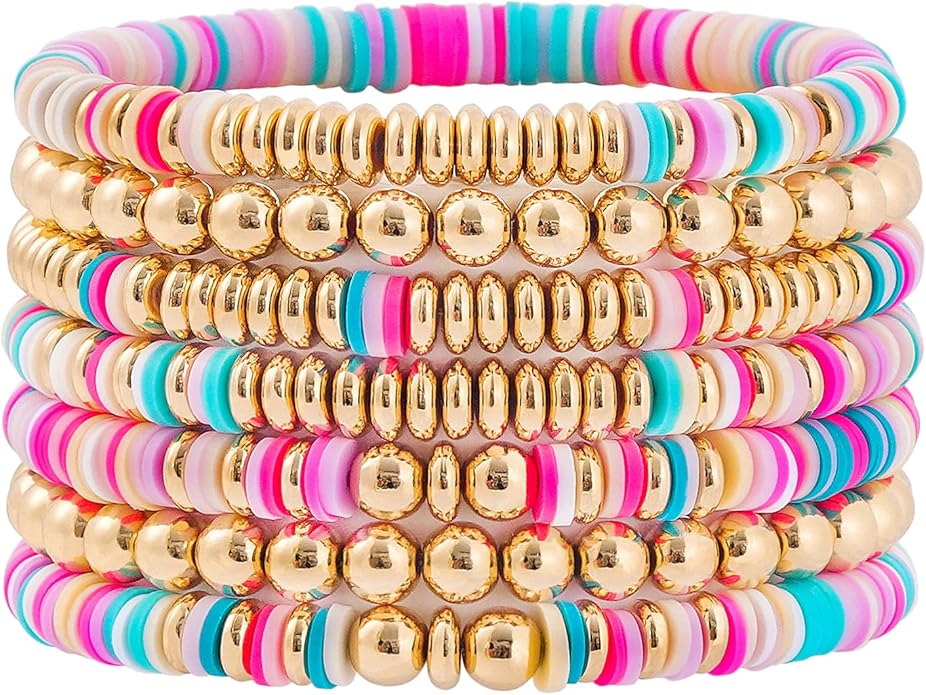 GOOJIDS Surfer Heishi Clay Bead Bracelets for Women Bohemian Stackable Gold Plated Beaded Stretch Bracelets Elastic Layering Friendship Bracelets Set Boho Jewelry