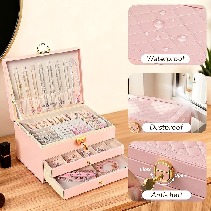 SMUOBT Jewelry Box with Jewelry Set for Women Men - Large Multi-Layer Jewelry Organizer Storage Case with Drawers, Necklace Bracelet Hoop/Stud Earrings Rings Gift Set for Her Him, Unique Birthday Party Gift (Gold/Black Silver)