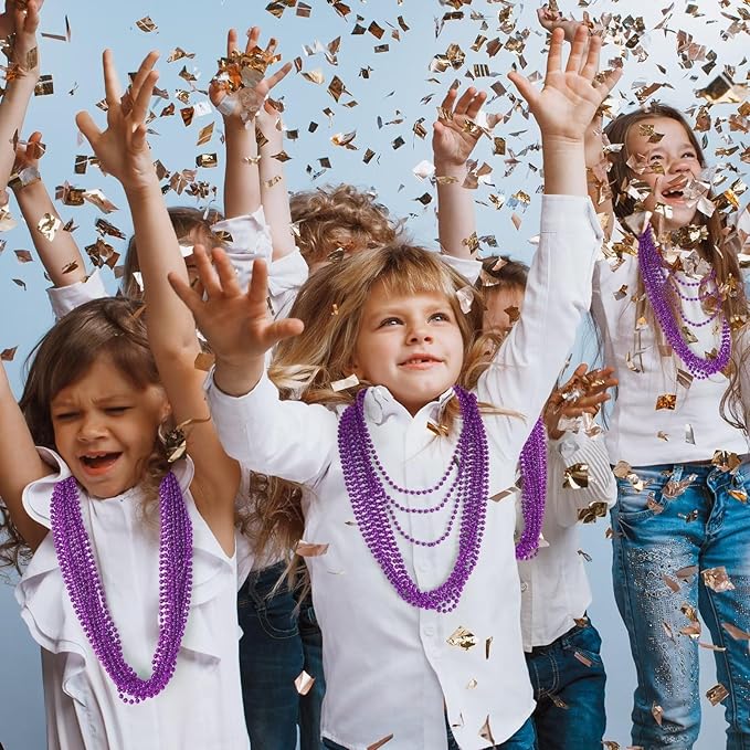 144PCS Mardi Gras Beads, Purple Bead Necklace Party Favors, 33" Beaded Necklace Costume Bulk, Festival Parade Throw Accessories for Halloween Mardi Gras Wedding Birthday Celebrations Decorations