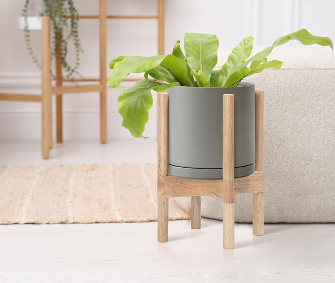 D'vine Dev Ceramic Pot with Natural Wood Stand, 8 in, 55-B-N-3 | Mid-Century - Image 4
