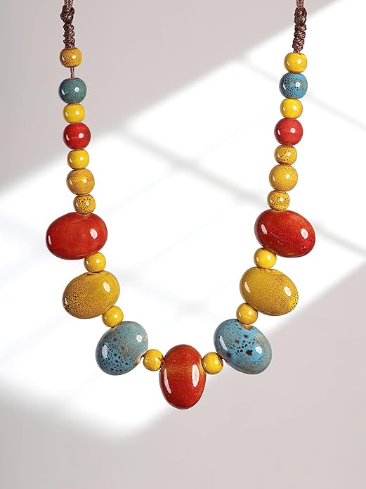 MINACHI Bohemian Hippie Colorful Ceramic Geometric Bead Strand Necklace, Vintage Boho Statement Jewelry Gift for Women