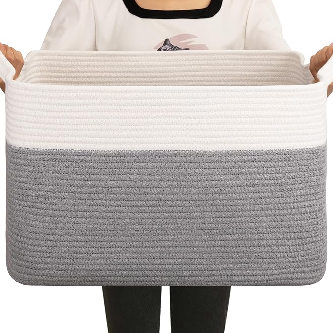 OIAHOMY Large Blanket Basket, 65L Cotton Rope Woven Laundry Basket, Toy Bin by MasterofSpaceOptimization
