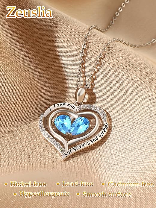 Valentine's Day Gifts for Wife 925 Sterling Silver Double Birthstone Pendant Necklaces I Love You for Always and Forever Necklace Anniversary Birthday Gifts for Wife Girlfriend Mom Her