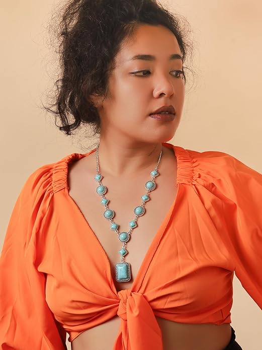 MINACHI Bohemian Created Turquoise Beaded Y-Necklace, Turquoise-toned Multi-shaped Pendant, Dainty Elegant Jewelry for Women
