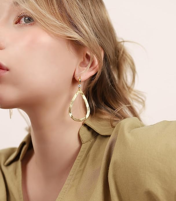 OZEL Gold Dangle Earrings for Women Brushed Finish, Matte Gold Statement Jewelry, 14k Gold Plated