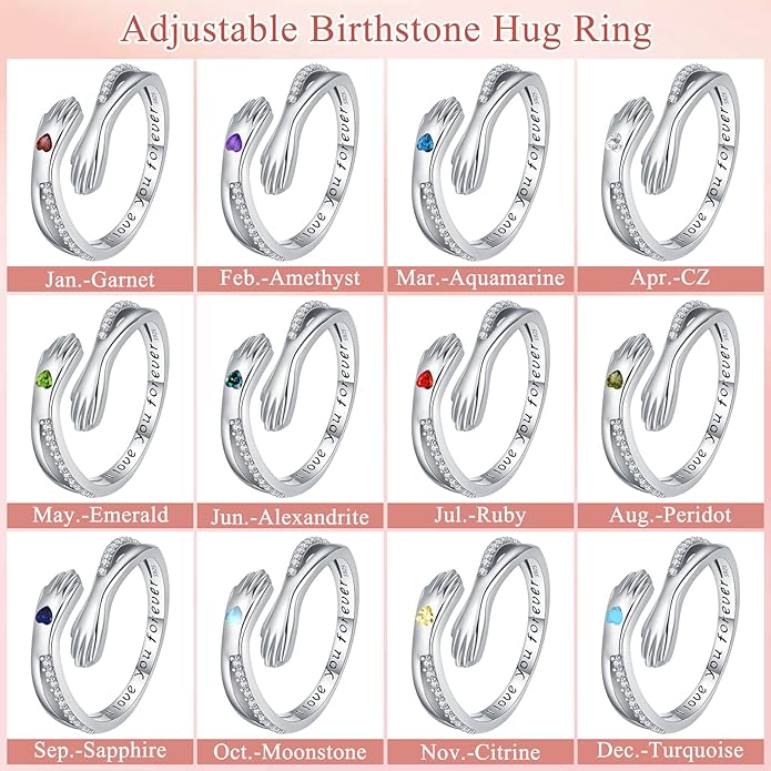 Hug Rings for Women Birthstone Hug Rings 925 Sterling Silver Adjustable Hand Ring Open Jewelry Daughter Gifts From Mom Mother Teens Mother's Day Amavive