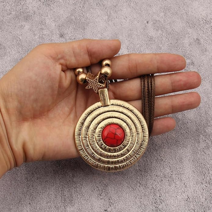 Boho Necklaces for Women Chunky Circle Necklace Layered Boho Circle Leather Choker Necklace Long Vintage Necklaces Bohemian Jewlery Gifts
