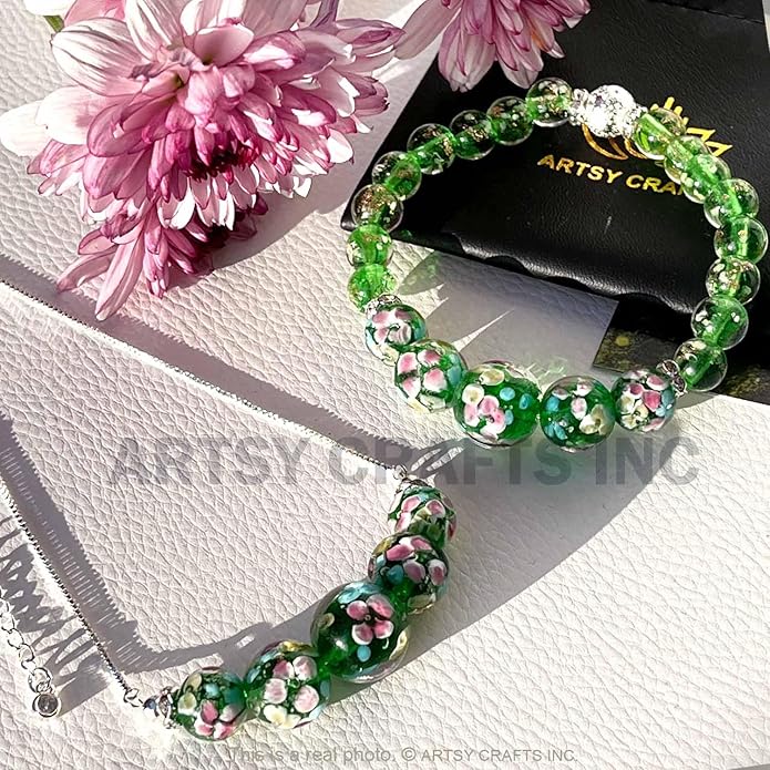 ARTSY Crafts Lily Garden Glow in the Dark Firefly Bead Bracelets Necklaces, Handmade in USA Murano Glass Jewelry, Flower Luminous Beads Mermaid Crystal Bracelet Bangle