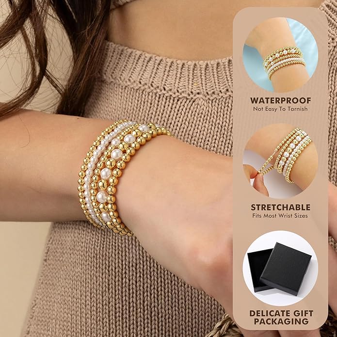 Yoosteel Valentines Day Gifts for Her Kids Teen Girl - 14K Gold Plated Dainty Round Beaded Ball Pearl Cross Bracelet Stack Set for Women Trendy Non Tarnish Teenage Girls Stackable Jewelry Gift