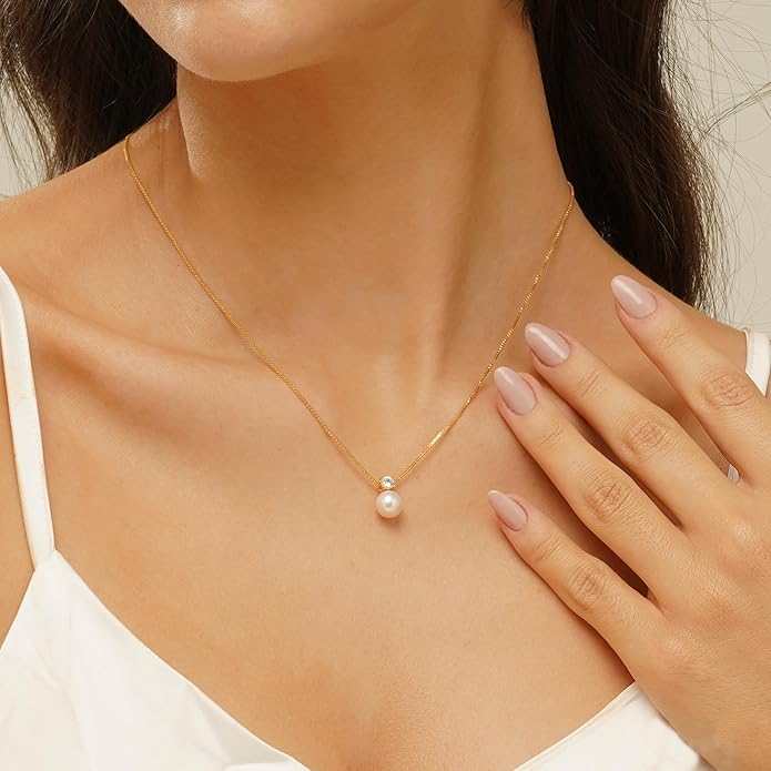 Pearl Necklaces for Women-14k Gold Plated Layered-Single Pearl Necklace Simple Pearl Choker Necklaces for Women Trendy Cute Gold Necklace Jewelry for Women Gifts