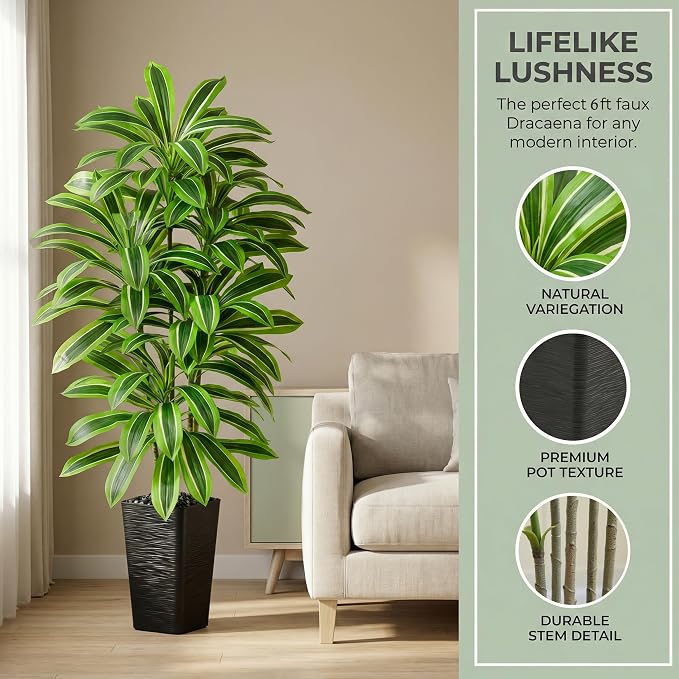 Artificial Dracaena Tree: 6FT Fake Plants Silk Faux Trees（Black Pot） | - Image 7