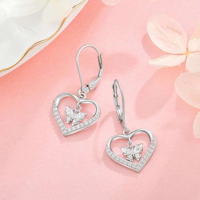 Butterfly Birthstone Heart Dangle Drop Earrings, 925 Strlings Silver 5A Cubic Zircon Leverback Earrings Jewelry Anniversary Birthday Gifts for Women