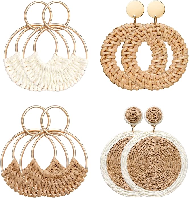 Raffia Hoop Earrings for Women Fun Boho Summer Beach Earrings Lightweight Handmade Straw Wicker Rattan Dangle Earrings Statement Geometric Round Drop Earrings