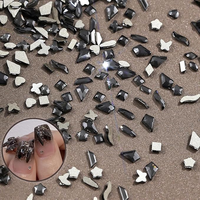 250Pcs Mini Black Flash Nail Art Charms Mixed Shapes Nail Rhinestones Star Heart Irregular Shape Nail Supplies Gems Dark Crystals Nail Jewelry Flat Nail Decorations Design Acrylic Nails for Women