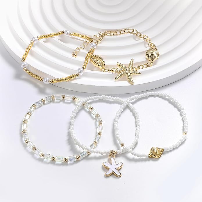 Shell Bracelet Seashell Boho Beaded Stretch Bracelets for Women Summer Beach Bracelets Starfish Charm Bracelet Stackable Gold Plated Bracelets Set for Women