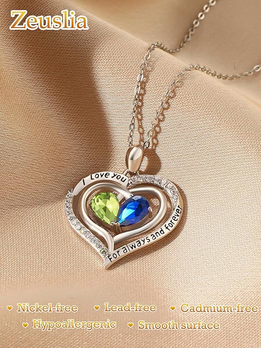 Valentine's Day Gifts for Wife 925 Sterling Silver Double Birthstone Pendant Necklaces I Love You for Always and Forever Necklace Anniversary Birthday Gifts for Wife Girlfriend Mom Her