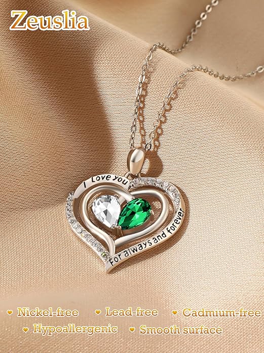 Valentine's Day Gifts for Wife 925 Sterling Silver Double Birthstone Pendant Necklaces I Love You for Always and Forever Necklace Anniversary Birthday Gifts for Wife Girlfriend Mom Her
