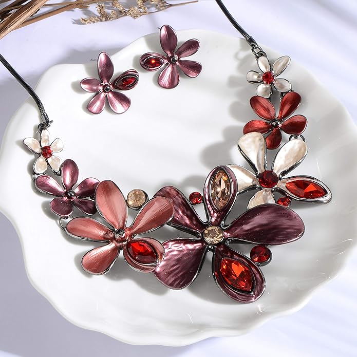 AMYJANE Vintage Statement Jewelry Set - Spring Leaf Flower Floral Plant Necklace Earring Set Crystal Rhinestone Fashion Costume Jewelry for Women Prom Party Unique Gift